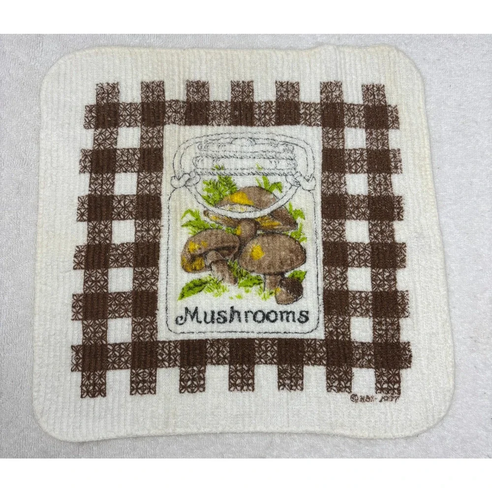 Vtg 1987 Groovy Mushroom Dish Towel Kitchen Dish Wash Cloth Rag Retro